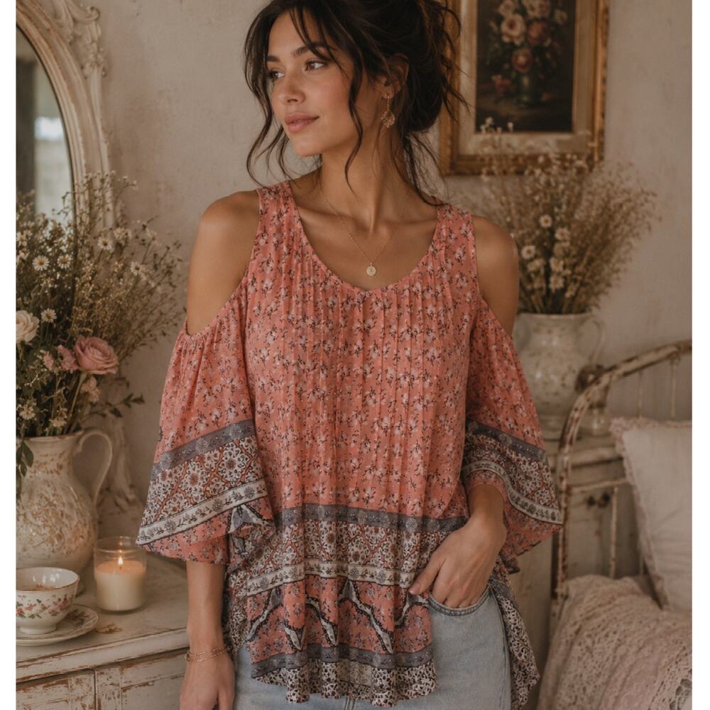 Style & Co Pink Floral Boho Cottagecore Paisley Cold‎ Shoulder Blouse Size PM